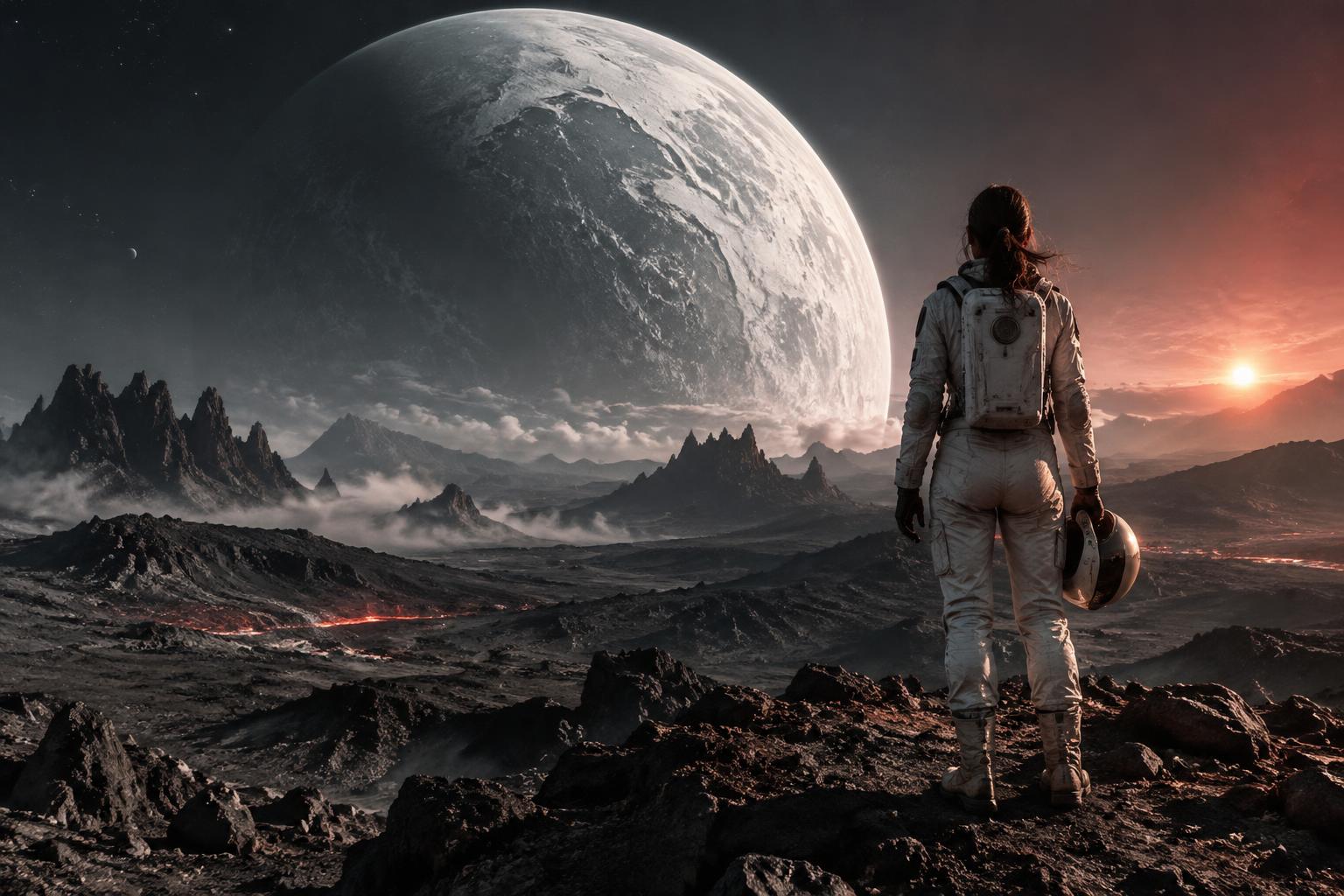 AI visual concept: an explorer looking toward a distant world